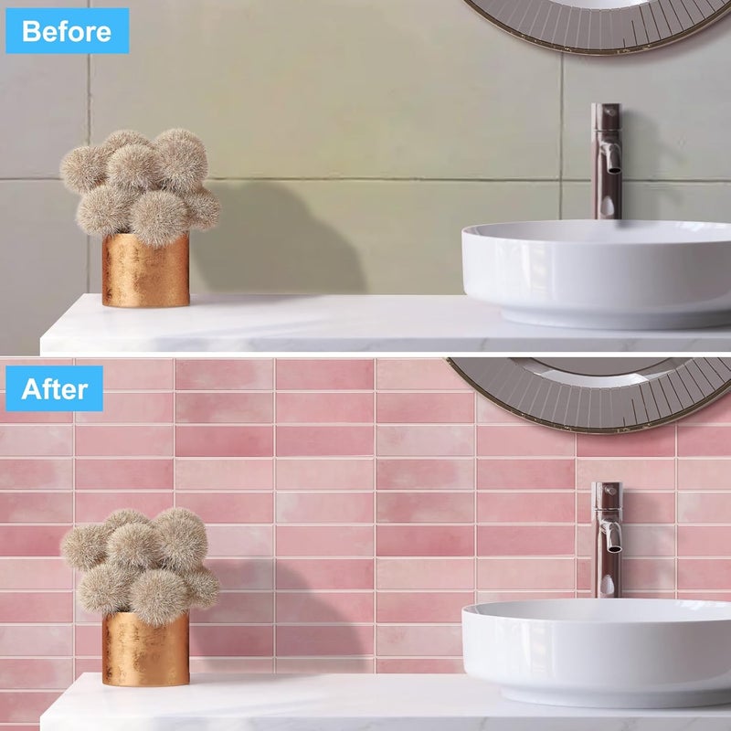 AdoDecor بلاط خلفية قابل للتقشير واللصق للمطبخ، ترقية جديدة 12" × 12" بلاط خلفية مطبخ كبير ممتاز، بلاط مترو ملصق للحمام باللون الوردي 10 ورقات. - Image 3